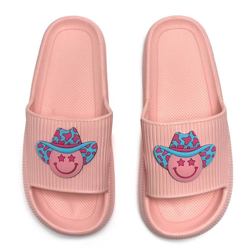 Pink Pool Slides - Cowgirl Emoji + Cushioned + Waterproof